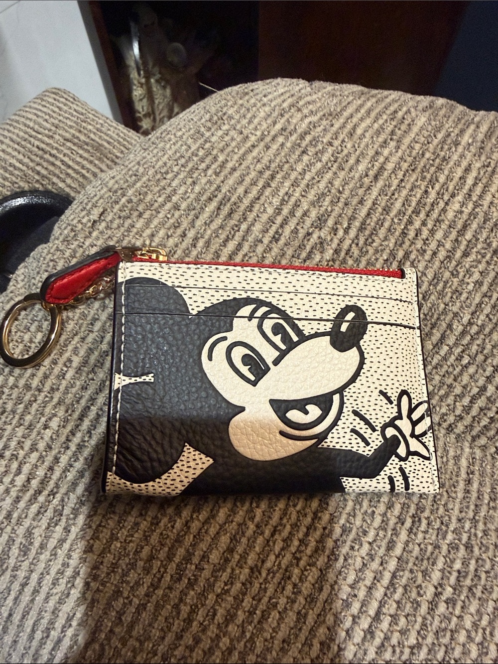 Coach Mickey Mouse Card Case with Red Zip and Gold Ring